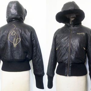 Baby Phat Womens Vintage Reversible Black Leather Bomber Jacket Hood and Logo L